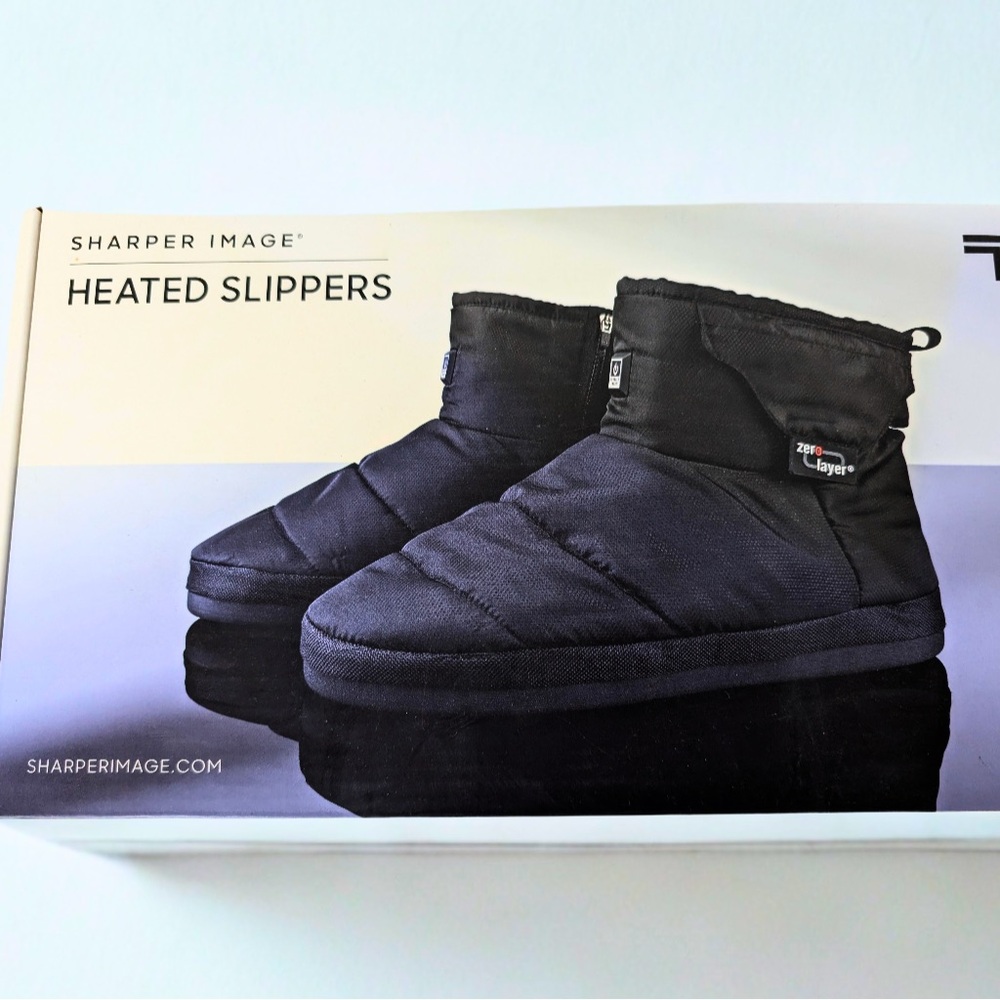 NIB Sharper Image Black Heated Slipper 2PowerPack Size L Men 8-9.5, Women 8.5-10